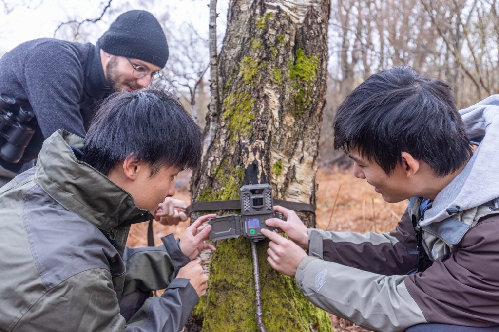 The team deploying a camera trap on a tree.
