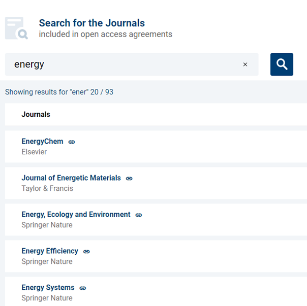 Screenshot of journal title search results for search term energy