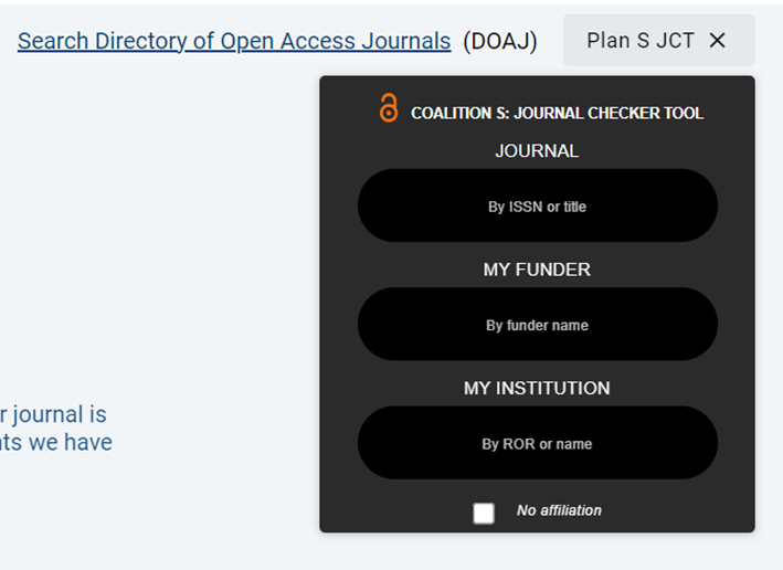 Screenshot showing link to search DOAJ, and embedded Plan S journal checker search tool