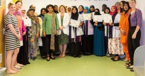 Mosaic Community Health Advocates Ceremony attended by Professor Beate Kampmann (furthest right) and Dr Helen Skirrow (furthest left). Local MP Karen Buck and Lena Choudary-Salter in the centre.