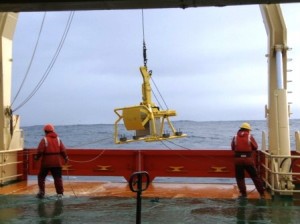 Box core being deployed off the Palmer in the Southern Ocean