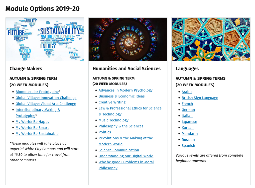 2019 list of Horizons modules for second year undergraduates