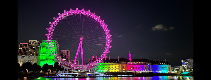 A lit up ferris wheel and more buildings on a skyline at night