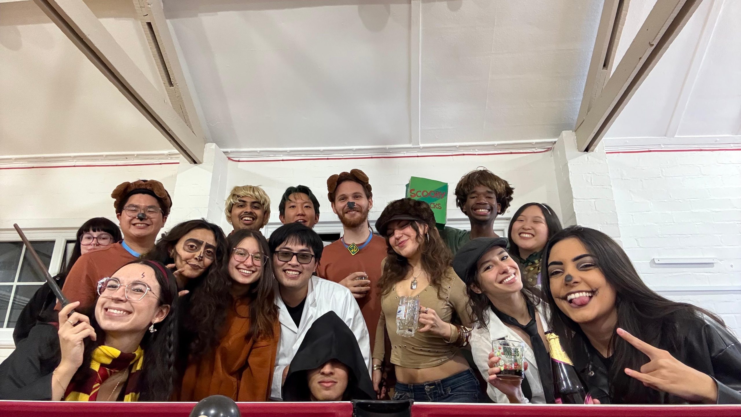 A big group of students wearing costumes for a party