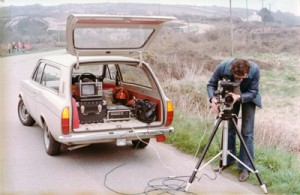 Colin with a car full of recording equipment. Note the camera connected to the recorder.