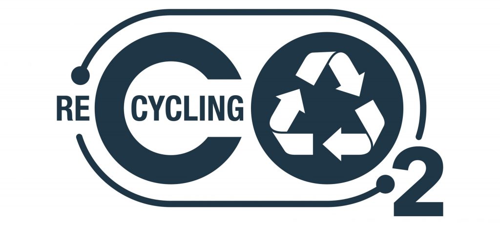 CO2 recycling image showing a recycling symbol within the 'O' of CO2 and 'recycling' written across the 'C'